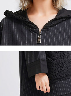Trendy Striped Splicing Hooded Zipper Side-slit Coat