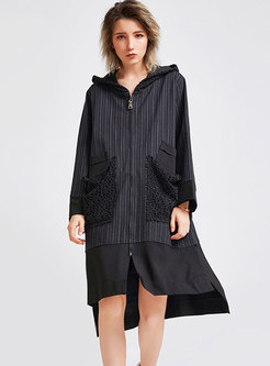 Trendy Striped Splicing Hooded Zipper Side-slit Coat