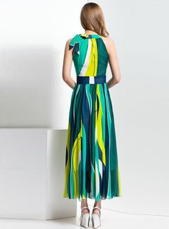 Fashionable Sleeveless Off shoulder Color-block Maxi Dress