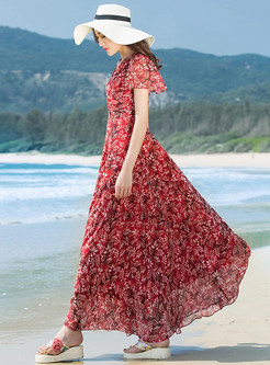 Bohemia Floral Print V-neck Maxi Dress