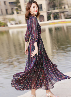 Ethnic Floral Print V-neck Maxi Dress
