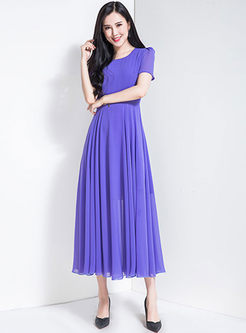 Purple O-neck Big Hem Slim Maxi Dress