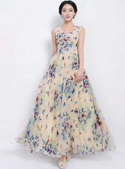 Fashion Butterfly Print Tied-waist A Line Maxi Dress