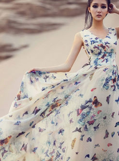 Fashion Butterfly Print Tied-waist A Line Maxi Dress
