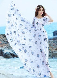 White Casual Print Flare Sleeve Waist Maxi Dress