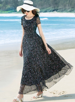 Stylish Floral Print Short Sleeve Chiffon Dress
