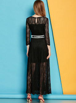 Sexy O-neck Hollow Out Lace Maxi Dress