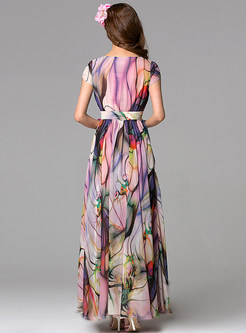 V-neck Short Sleeve Print Maxi Dress