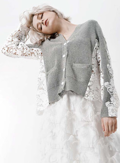 Chic Lace Splicing V-neck Single-breatsted Sweater