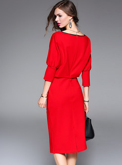 Autumn Trendy Red Slash Neck Wrap Bodycon Dress 