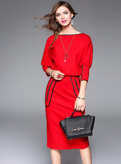 Autumn Trendy Red Slash Neck Wrap Bodycon Dress 