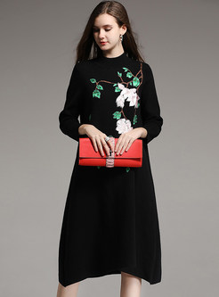 Fashionable Stand Collar Three Quarters Sleeve Embroidered Dress
