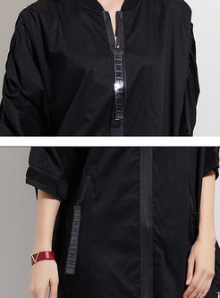 Casual Black Three Quarters Sleeve Zipper Coat