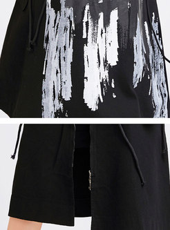 Black Print Hooded Gathered Waist Zipper Vest