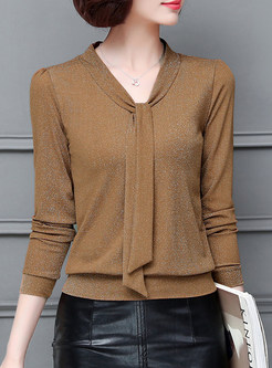 Khaki Long Sleeve Tied Solid Color Blouse