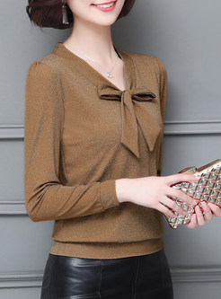 Khaki Long Sleeve Tied Solid Color Blouse