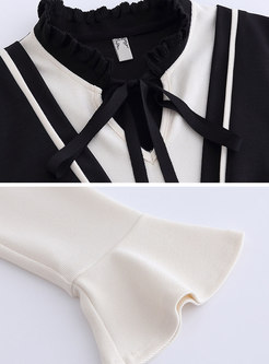 Stylish Tie-neck Color-block Stitching Oversized Dress