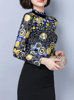Brief Standing Collar Circle Print Pullover Blouse