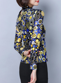 Brief Standing Collar Circle Print Pullover Blouse