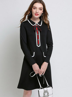 Fashion Black Tie-neck Bowknot Buttoned Slim Dress