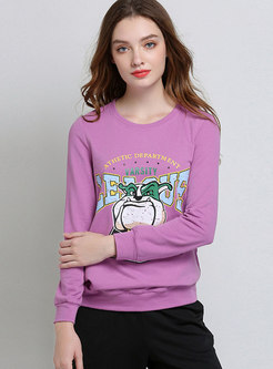 Purple Crew-neck Cartoon Print Plus Size T-Shirt 