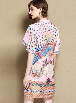 Vintage Petal Sleeve Peacock Print Improved Cheongsam Dress