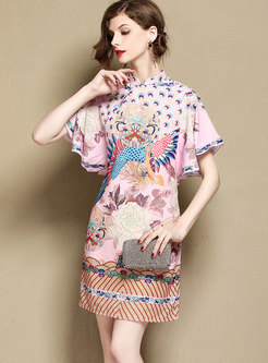 Vintage Petal Sleeve Peacock Print Improved Cheongsam Dress
