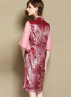 Elegant Red Mandarin Collar Petal Sleeve Improved Cheongsam Dress