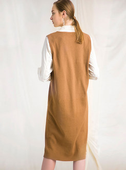 V-neck Sleeveless Single-breasted Slit Knitted Dress