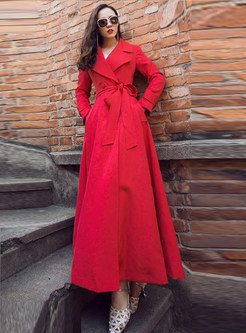 Autumn Red Elegant Belted Slim Trench Coat With Pockets