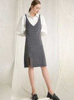 Fashion Grey Loose Strap Slit A Line Dress