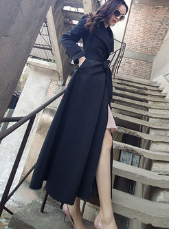 Black Elegant Belted Big Hem Slim Coat With Pockets