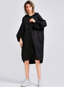Black Hooded Lantern Sleeve Side-slit Asymmetric Trench Coat