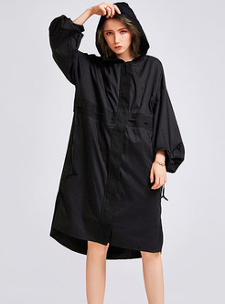 Black Hooded Lantern Sleeve Side-slit Asymmetric Trench Coat