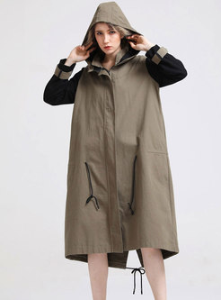 Casual Color-blocked Hooded Slit Trench Coat