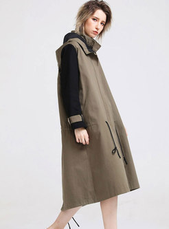 Casual Color-blocked Hooded Slit Trench Coat
