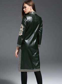 Ethnic Green Mandarin Collar PU Long Coat