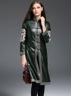 Ethnic Green Mandarin Collar PU Long Coat