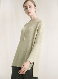 Brief O-neck Long Sleeve Slit Pullover Sweater