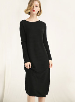 O-neck Solid Color Striped Loose Knitted Dress
