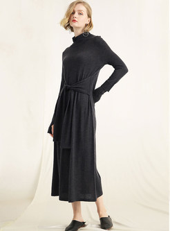 Standing Collar Tie-waist Pullover Knitted Dress