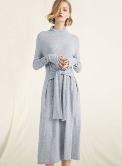 Pure Color Long Sleeve Tie-waist Slim Knitted Dress