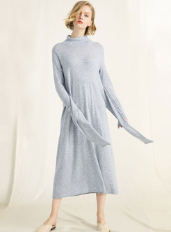 Pure Color Long Sleeve Tie-waist Slim Knitted Dress