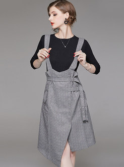 Casual Black Knitted Sweater & Asymmetric Strap Dress