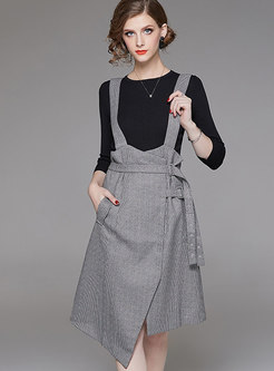 Casual Black Knitted Sweater & Asymmetric Strap Dress