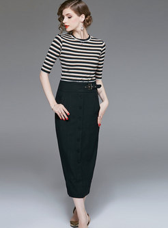 Brief Striped Top & High-rise Wrap Bodycon Midi Skirt