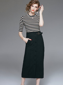 Brief Striped Top & High-rise Wrap Bodycon Midi Skirt