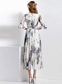 Fashionable Falbala Ink Print Half Sleeve Maxi Dress