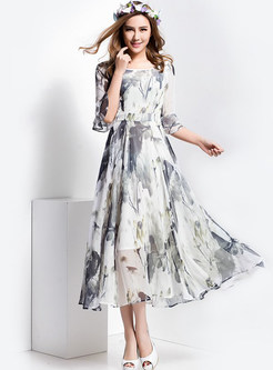 Fashionable Falbala Ink Print Half Sleeve Maxi Dress
