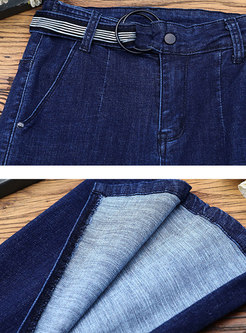 Solid Color Elastic Belted Side-slit Flare Pants